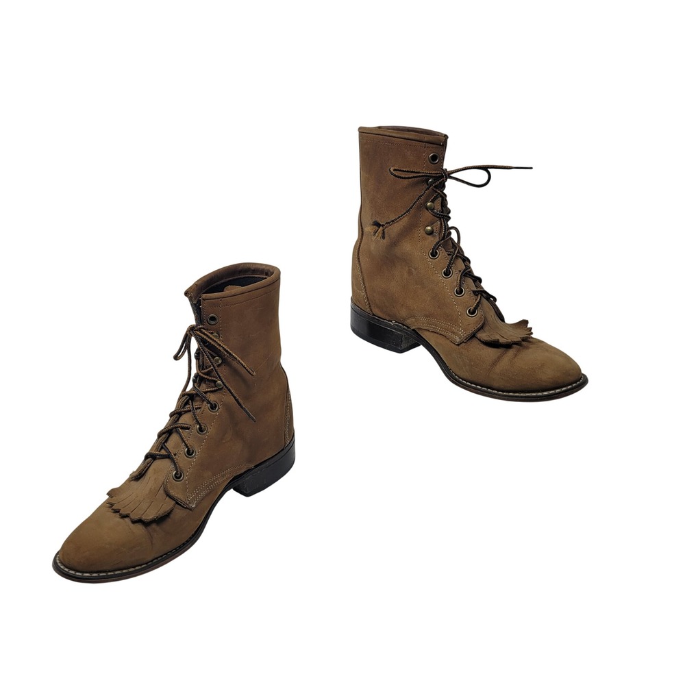 Vtg Laredo Cowgirl Western Camel Brown Suede Kiltie Lace Up Roper Boots Sz 8